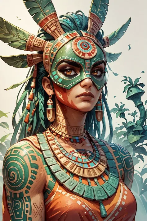 a woman with a green and orange mask and feathers on her head