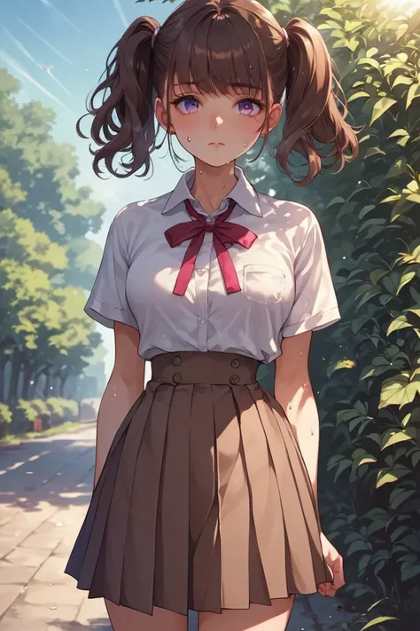 score_9, score_8_up, score_7_up, source_anime, 1girl, solo, sweat, in summer, outdoors, sunlight, kmkgyui, medium hair, brown hair, twintails, purple eyes, medium breasts, school uniform, brown skirt, high-waist skirt, shirt, ribbon, short sleeves, neck ri...