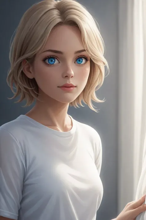 score_9, score_8_up, score_7_up, score_6_up, score_5_up, cinematic film still of bright light, bright, a woman is hiding behind a white sheet High-key lighting Style,1girl,solo,looking at viewer,short hair,blue eyes,blonde hair,simple background,shirt,whit...