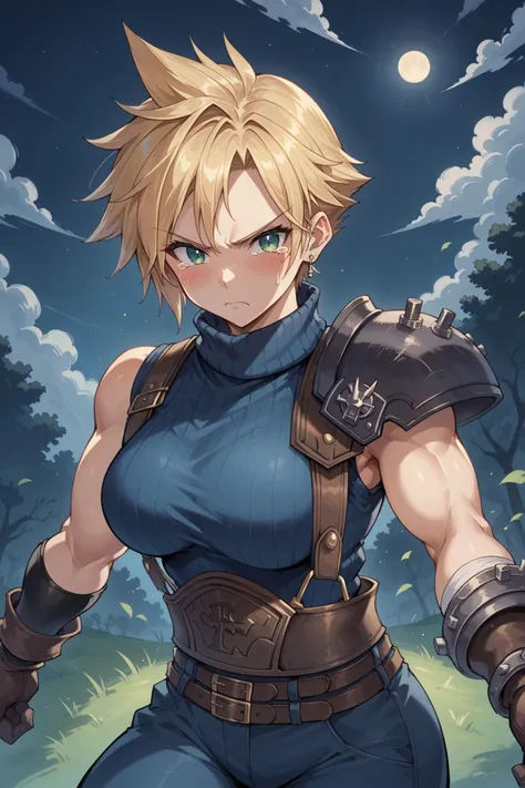 (source_anime:1.1), score_9, score_8_up, score_7_up, masterpiece, best quality, masterfully detailed, 1girl, solo, (defCloud:1.1), blonde hair, short hair, green eyes, large breasts, single earring, suspenders, shoulder armor, sleeveless turtleneck, baggy ...