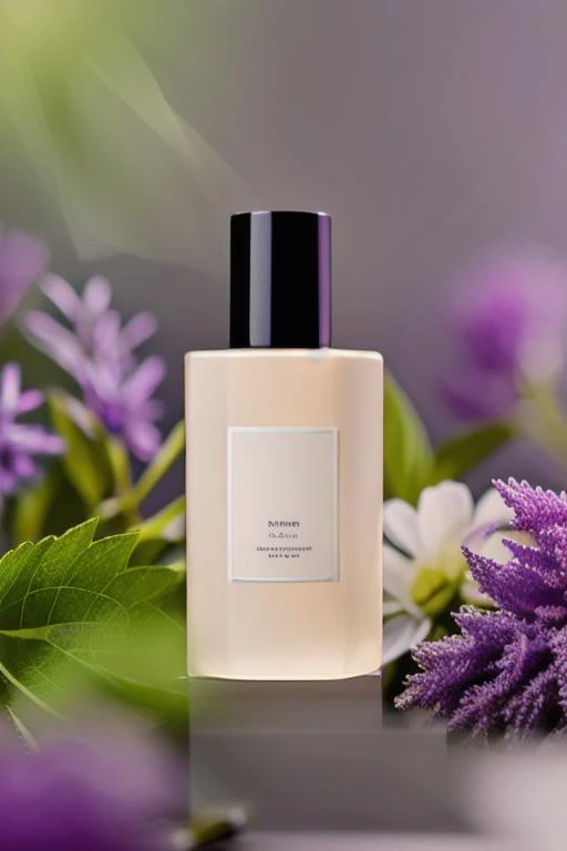 (masterpiece:1.33),(bestquality:1.33),(ultra-detailed:1.21),studio photography,(realistic:1.21),Product Photography,RAW photo,white flowers,purple flowers,leaves,(red flowers:0.8),volumetric lighting,Morning sunlight,square transparent glass bottle,film gr...