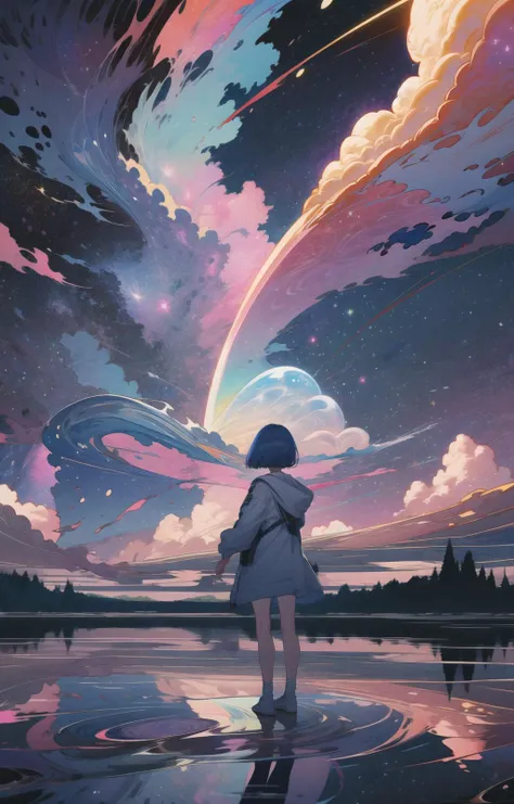 a girl standing in the water looking at a rainbow - colored sky