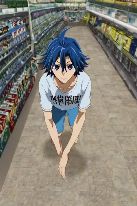 anime boy in a store with blue hair and blue eyes