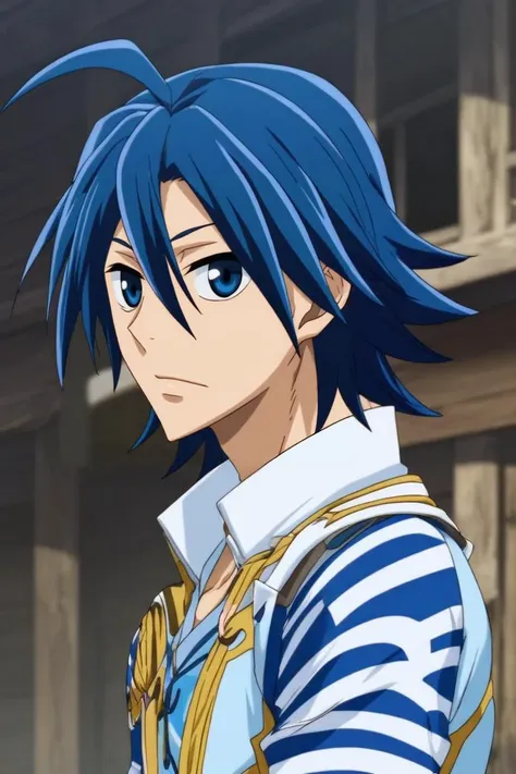 a close up of a person with blue hair and a striped shirt