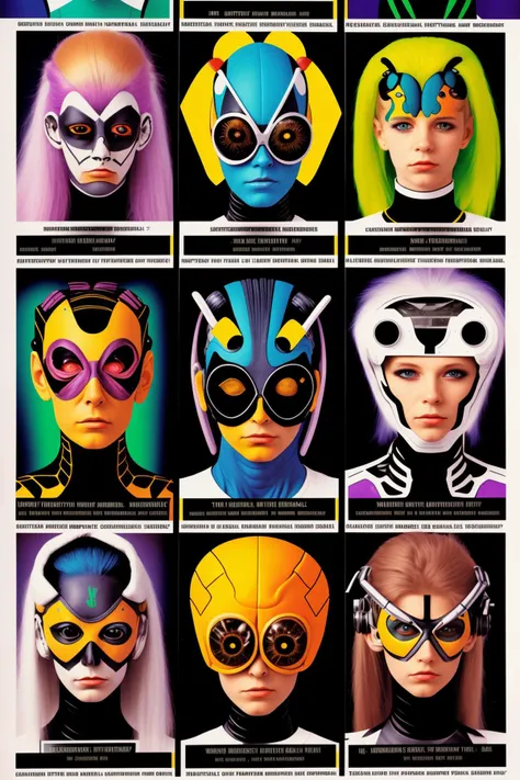 a poster of a bunch of cyborgs in different costumes and different faces and hair styles and colors, Benjamin Marra,  a yearbook page , (( yearbooks_photo  )) , Insect, Butterfly, Bee, Spider , Outlandish , Techno-organic , Mind interface , Lunar colony ,