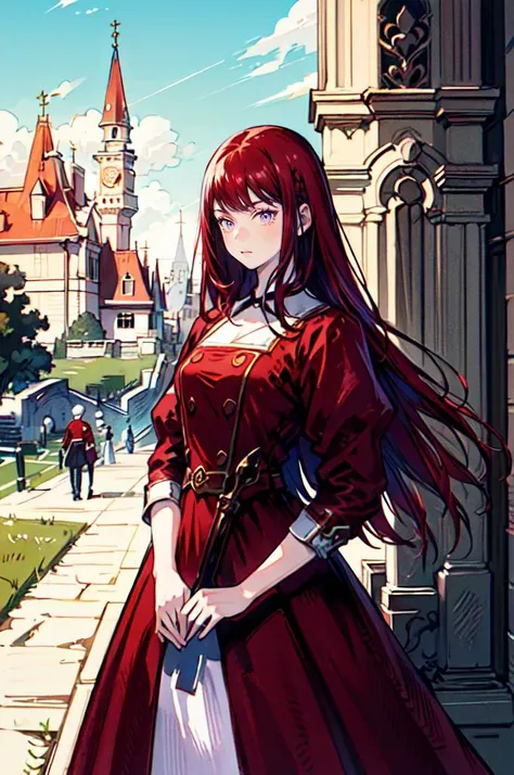 cowboy shot, straight-on, serious,  <lora:pride_royal_V2:0.95> pride royal Ä±v, purple eyes, red hair, swept bangs, long hair, red dress, red coat, <lora:yoshida_akihiko_offset:1> yoshida akihiko, kingdom, castle, column lineup, fantasy,, absurdres, ultra ...