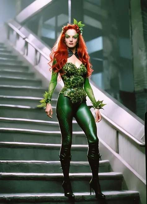 a woman in a green costume standing on a set of stairs