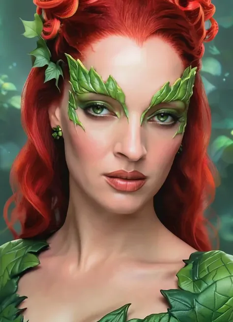 a close up of a woman with red hair and green leaves on her face