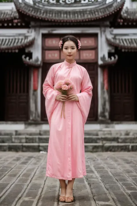 stunning photo of the most beautiful young woman in the world in a pink ao_tac, (waist up:1.1), <lora:ao_tac_Lora-000009:0.7>, ao_tac, wearing ao_tac, (flower:1.4), (Hoi An background:1.2)