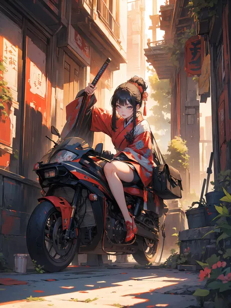 Epic CG masterpiece,cyberpunk style Chinese girl,stunningly beautiful,holding a samurai sword,crouching on the ground with legs spread apart,tech and chinoiserie clothes,graphic tension,dynamic poses,stunning colors,3D rendering,surrealism,cinematic lighti...