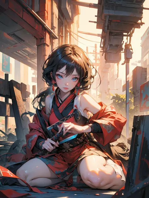 Epic CG masterpiece,cyberpunk style Chinese girl,stunningly beautiful,holding a samurai sword,crouching on the ground with legs spread apart,tech and chinoiserie clothes,graphic tension,dynamic poses,stunning colors,3D rendering,surrealism,cinematic lighti...