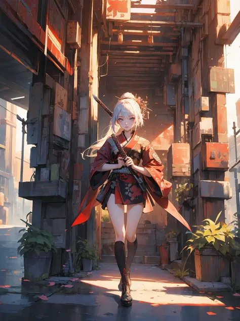 Epic CG masterpiece,cyberpunk style Chinese girl,stunningly beautiful,holding a samurai sword,crouching on the ground with legs spread apart,tech and chinoiserie clothes,graphic tension,dynamic poses,stunning colors,3D rendering,surrealism,cinematic lighti...