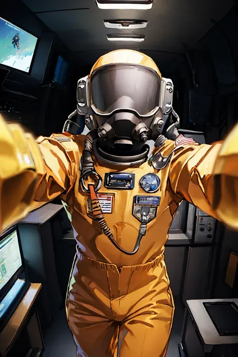 astronaut in yellow spacesuit in a space station with monitors