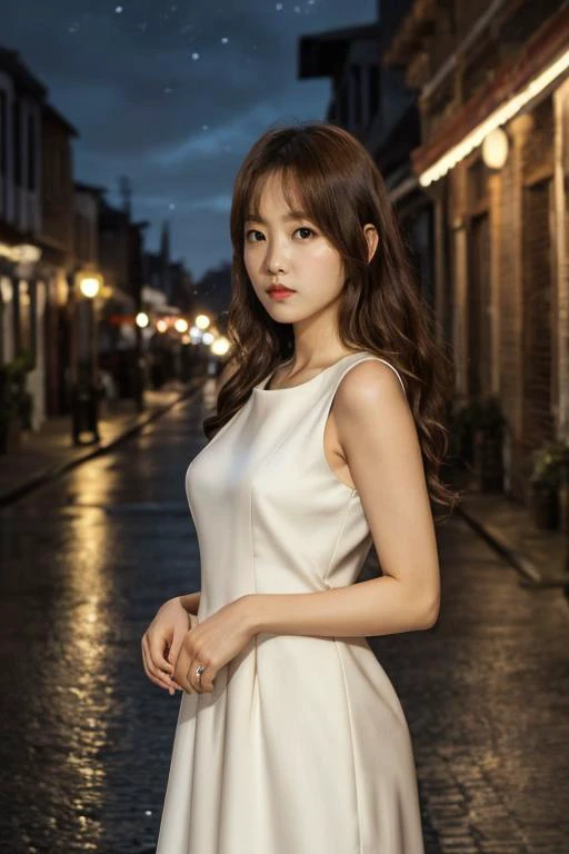 1girl, solo, (upper body:1.2), (slim body), standing, closed mouth, long hair, (small breast:1) ((elegant sleeveless dress)), lips, (photorealistic:1.4), masterpiece, 8k HDR, (realistic:0.2), cinematic lighting, colorful light, (looking at viewer), city st...