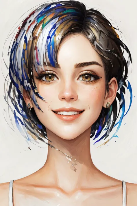 ((brush stroke style:1.3), painterly, textured, highly detailed:1.15), <lora:sd15_LenaMeyerLandrut_locon_24_v1-000016:.9> LenaMeyerLandrut, focus on eyes, close up on face, huge smile, hair styled as high volume pixie,