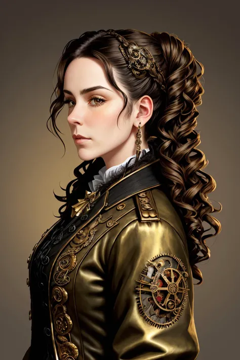 (steampunk style, gears, brass, Victorian, intricate, detailed:1.15), close range of <lora:sd15_LenaMeyerLandrut_locon_24_v1-000016:.9> LenaMeyerLandrut, focus on face, side view wearing a fur-lined jacket , her hair is styled as Curly Dutch Braid,