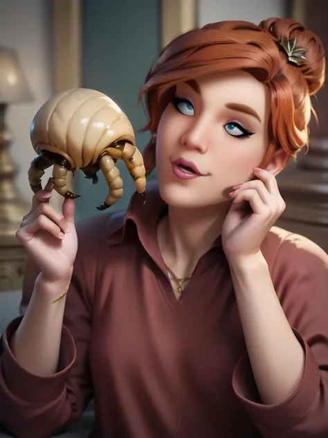 a woman holding a small toy and a small human skull