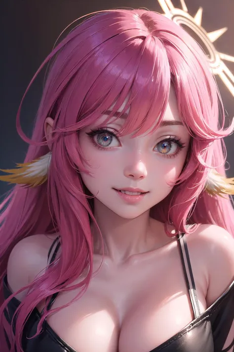 Ultra-detail,(highres:1.1),best quality,(masterpiece:1.3),cinematic lighting,
<lora:ngnl_jibril:1>,ngnl_jibril,long hair,pink hair,halo,tattoo,cleavage,wariza,naughty face, smile,
(detailed face and eyes:1.3),detailed teeth,