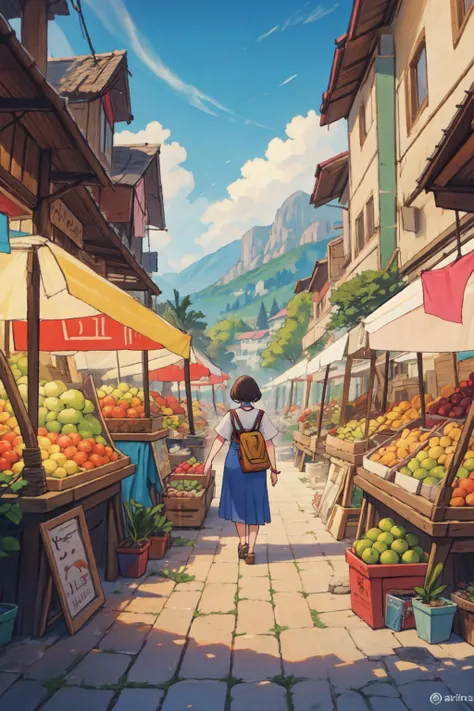 a woman walking down a street past a fruit stand