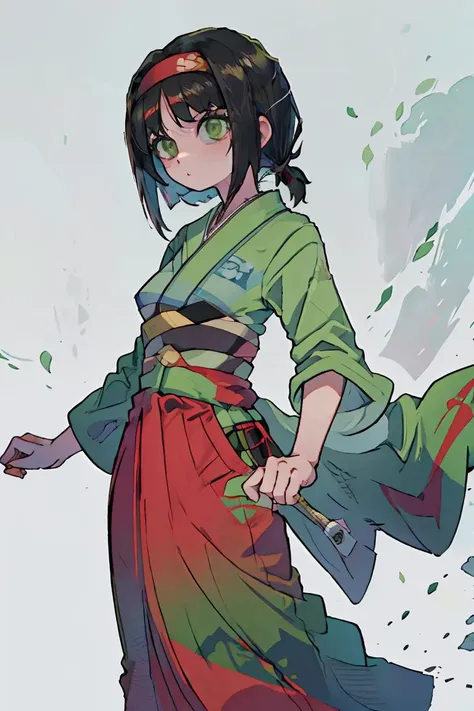 anime girl in a kimono outfit holding a sword and a book