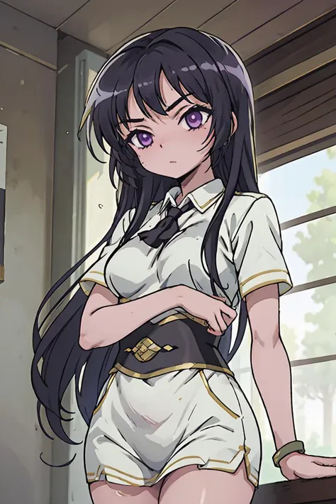 anime girl in uniform posing in front of window with her hands on her hips