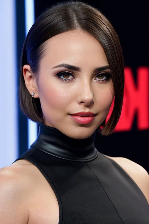 best quality (raw:1.1) photo of (csyclvrt:0.99), short bob hair,blush, pink lipstick, ((television makeup:1.2)), (high neck black dress with collar:1.2), ((at a tv game show:1.2)), (closeup:1.2:1.2), RAW candid cinema, 16mm, color graded portra 400 film, r...