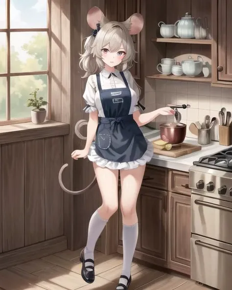 ((best quality)), ((highly detailed)), masterpiece, (detailed eyes, deep eyes), (1girl), full body, <lora:kitchen_apron:.4>, wearing kitchen_apron, (mouse girl), mouse ears, mouse tail