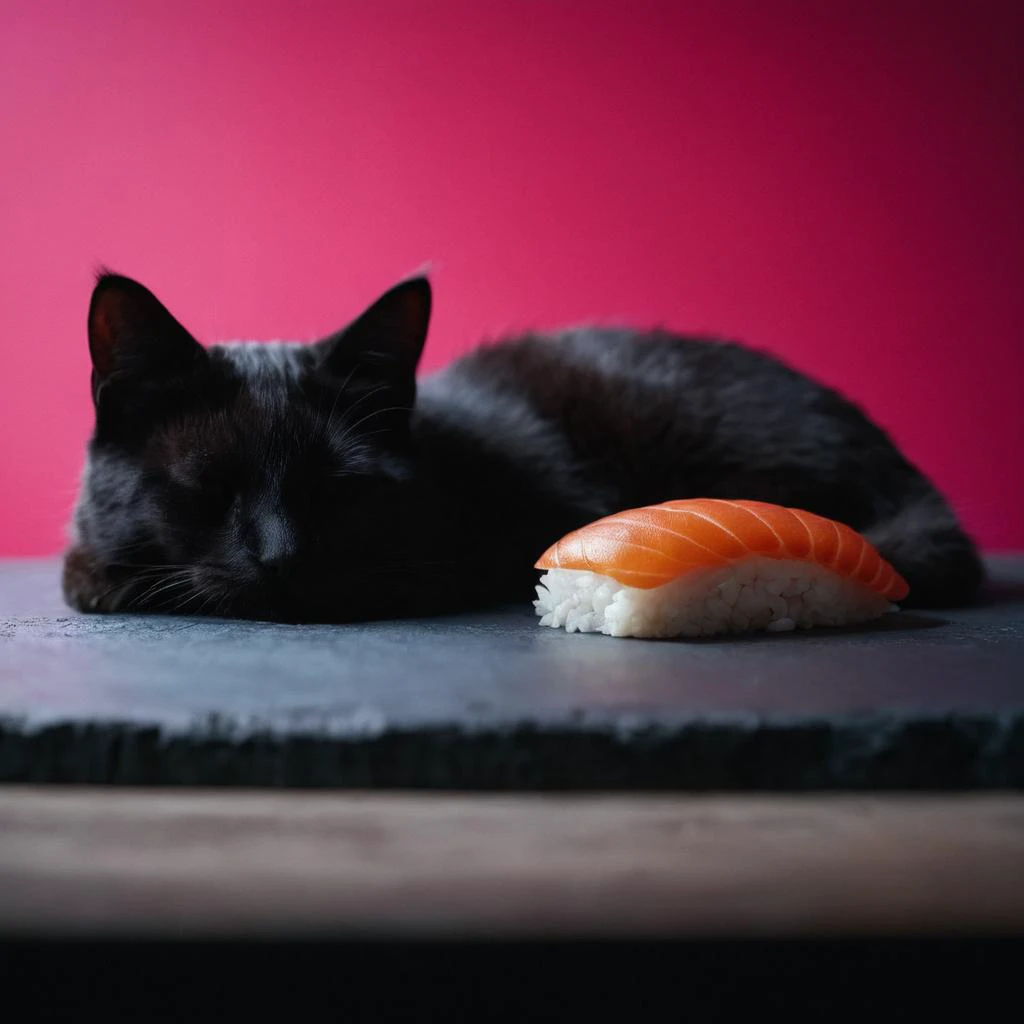 <lora:SDXL_feelings_Sa_May:0.8> Feelings ,
cinematic film still of Juxtaposition of a cat is sleeping on a sushi bed:0.8 roll,simple background,closed eyes,lying,food,no humans,animal,cat,pink background,sleeping,realistic,animal focus,food focus,sushi,mak...