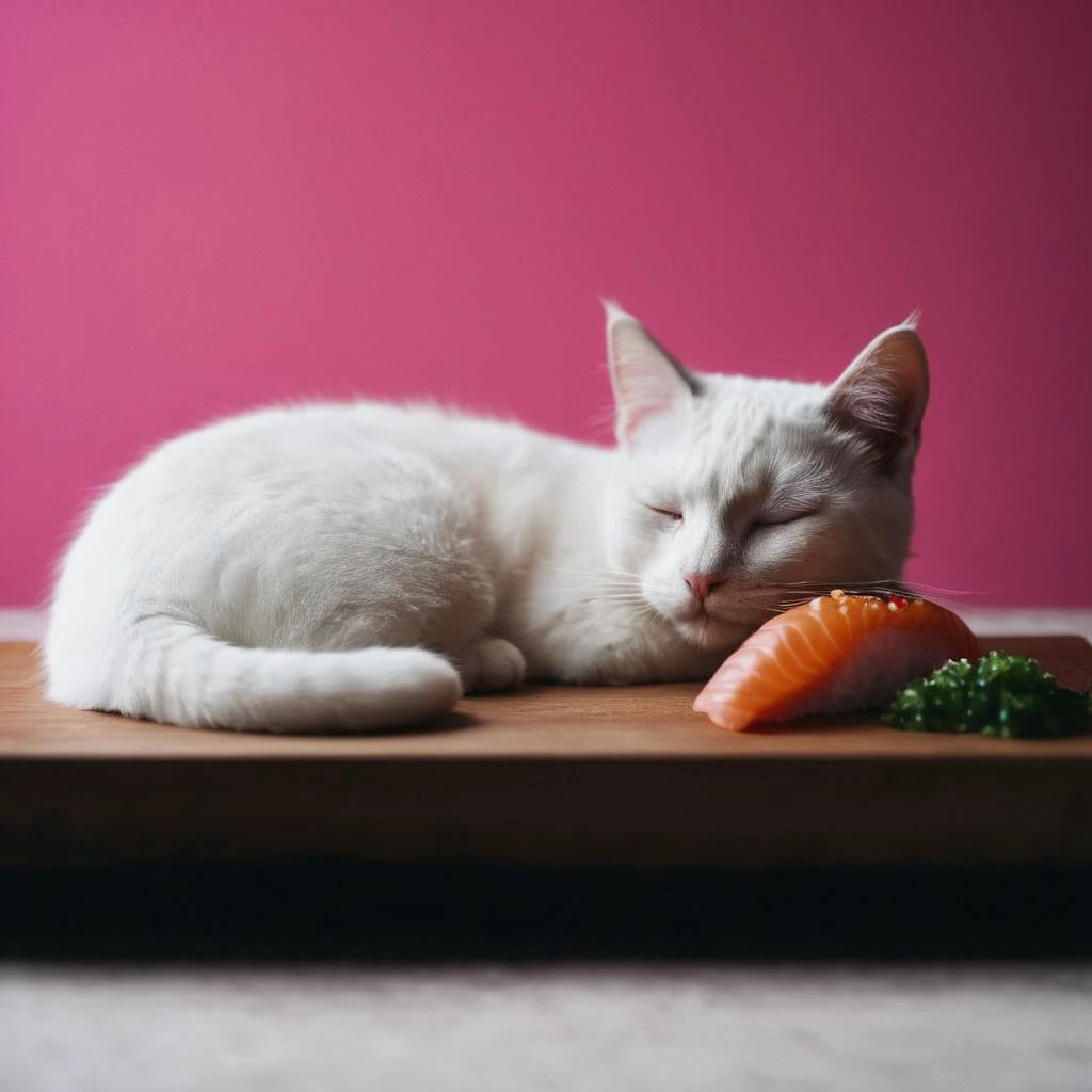 there is a white cat that is laying down next to a piece of food