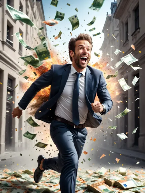 a man in a suit running through a city street with money flying around him