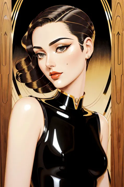 (art deco inspired painting of, decorative:1.2)  swaer0-4500:1.4,  focus on eyes, risque, sexy and seductive, slicked back hair styled wind-swept hair, crystal clear, (black-lacquer linework:1.2), (dark teak tones:1.2), (glossy golden highlights:1.2), by E...