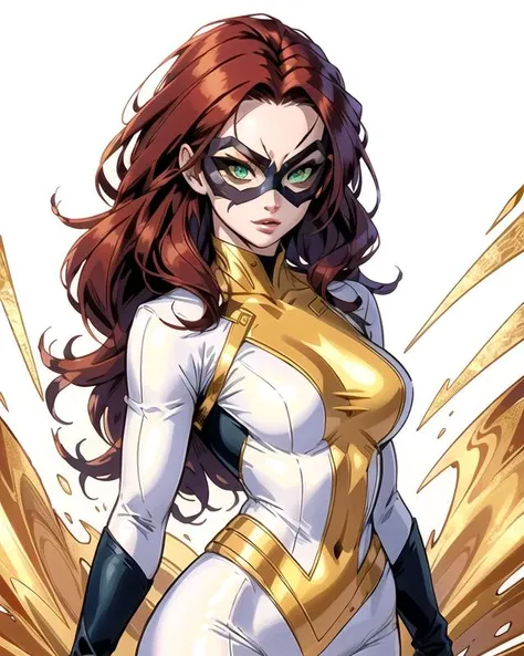 woman, red hair, green eyes,( DominoMask:1.2), white and gold costume, hero, detailed eyes, white backdrop,  <lora:SN DominoMask:1>