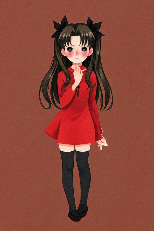 1girl, solo, tohsaka rin, blush, standing, full body, 
 <lora:Genevievegodbout:0.7>