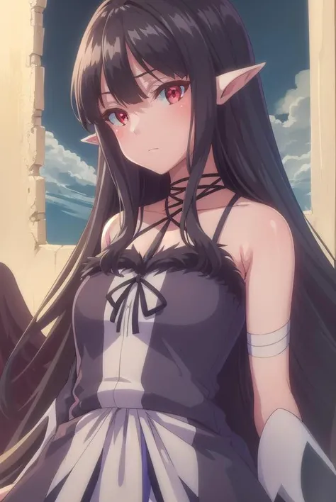 evereese, <lora:eve reese s1-lora-nochekaiser:1>,
eve reese, long hair, bangs, black hair, (red eyes:1.3), very long hair, pointy ears,
BREAK dress, bare shoulders, collarbone, wings, sleeveless, black dress, black ribbon, halterneck, bandages, feathered w...