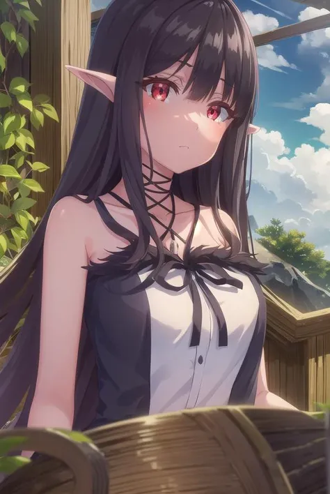 evereese, <lora:eve reese s1-lora-nochekaiser:1>,
eve reese, long hair, bangs, black hair, (red eyes:1.3), very long hair, pointy ears,
BREAK dress, bare shoulders, collarbone, wings, sleeveless, black dress, black ribbon, halterneck, bandages, feathered w...