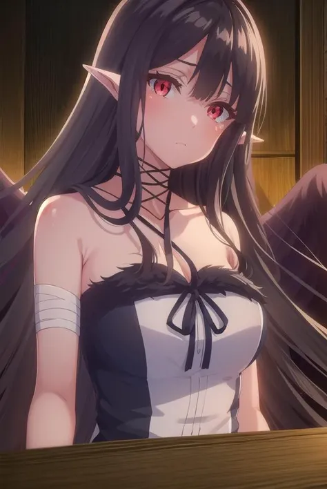 evereese, <lora:eve reese s1-lora-nochekaiser:1>,
eve reese, long hair, bangs, black hair, (red eyes:1.3), very long hair, pointy ears,
BREAK dress, bare shoulders, collarbone, wings, sleeveless, black dress, black ribbon, halterneck, bandages, feathered w...