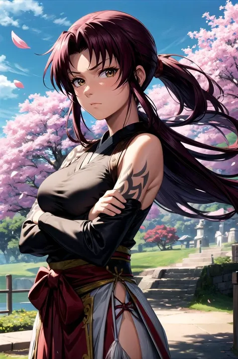 (masterpiece, best quality, detailed), 1girl, solo, looking at viewer, <lora:EPblRevy-07:0.8>, EPblRevy, long hair, ponytail, brown hair, brown eyes, tattoo, arm tattoo, shoulder tattoo, sidelocks,
(samurai), japanese armor, kusazuri, sode, kote, sheath, j...