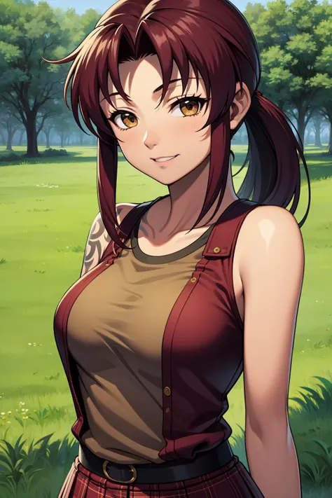 masterpiece, best quality, 1girl, solo, facing viewer,<lora:EPblRevy-07:0.7>, EPblRevy, long hair,ponytail,brown hair,brown eyes, tattoo, arm tattoo, shoulder tattoo
BREAK
move chart, grass, tree, evening, arm at side, burgundy blouse, pleated plaid_skirt,...