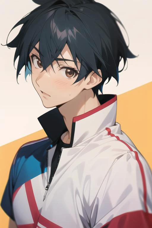 masterpiece, best quality, high quality, 1boy, solo, male focus, looking at viewer, upper body, <lora:ichika_orimura:0.62>, ichika_orimura, black hair, brown eyes, , sportswear