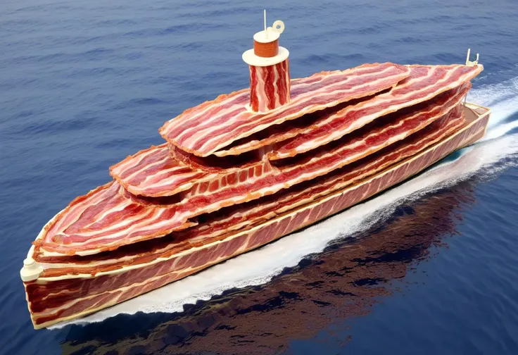 yacht made from bacon <lora:Style_hud-BaconXL:0.8>, delicious, glistening, greasy