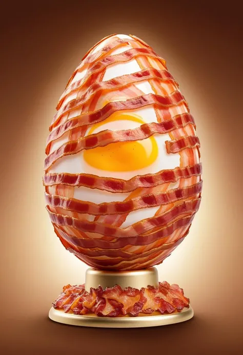 Advertising poster style fabrege egg made of bacon <lora:Style_hud-BaconXL:0.8>, delicious, glistening, greasy, diamond trim . Professional, modern, product-focused, commercial, eye-catching, highly detailed