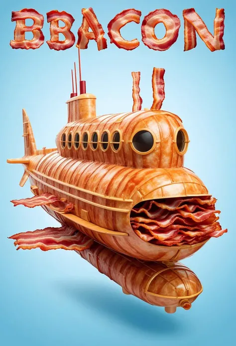 Advertising poster style submarine made of bacon <lora:Style_hud-BaconXL:0.8>, delicious, glistening, greasy . Professional, modern, product-focused, commercial, eye-catching, highly detailed