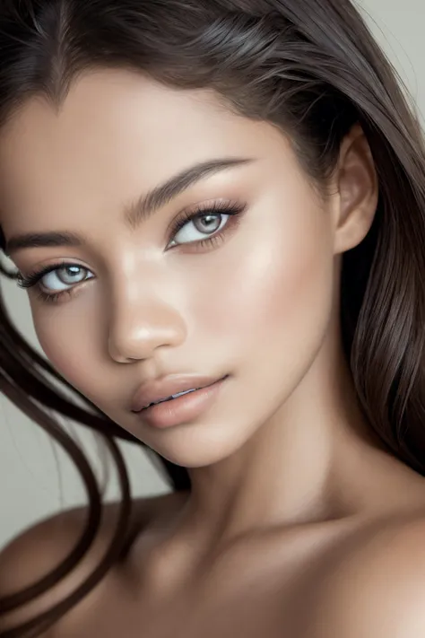 a close up of a woman with long hair and blue eyes