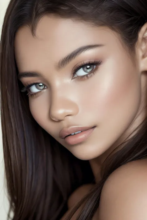 a close up of a woman with long brown hair and a white background