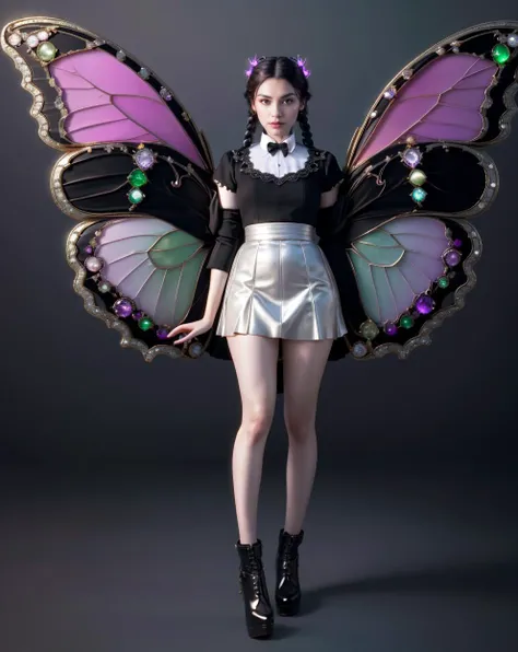 full body (masterpiece, best quality, high quality, highres, ultra-detailed),official art,official wallpaper, wednesday addams ((1girl)), A genie with yellow butterfly wings, beautiful, pretty,beautiful,red dress, <lora:insect jewelry:0.7>,,flying in the s...