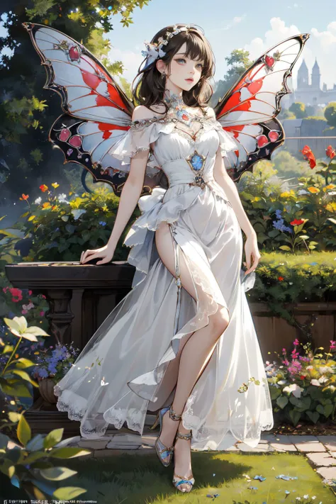 (masterpiece, best quality, high quality, highres, ultra-detailed),official art,official wallpaper,A genie with butterfly wings, beautiful, pretty,beautiful,with a white dress,  garden, <lora:insect jewelry:1>,(zhubao:1.1),