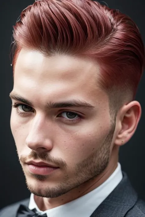 male, man, (([Red hair], [Pompadour], [Blazer])),  realistic, (detailed face, detailed eyes, detailed skin), RAW, analog, sharp focus, 8k, HD, DSLR, high quality, Fujifilm XT3, film grain, award winning, masterpiece, best quality, highly detailed,,  <lora:...