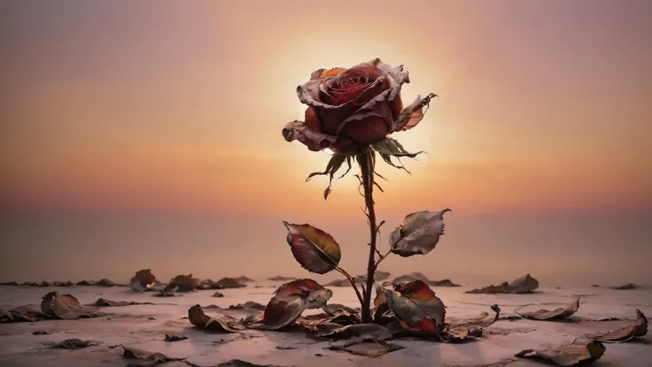 arafed rose in the middle of a field with leaves on the ground