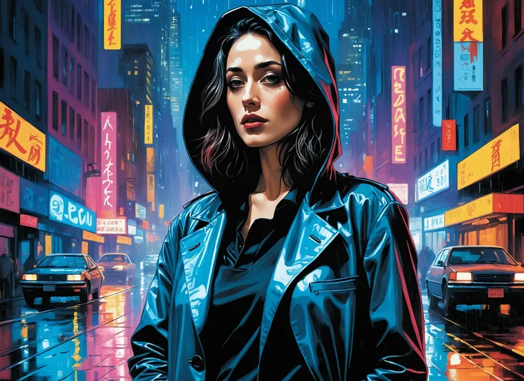 (Emmy Rossum), nighttime, cyberpunk city, dark, raining, neon lights ((,Wearing a blazer over a hoodie)), blazer, hoodie, (<lora:Cyber_Background_sdxl:0.5>,<lora:PostApocalypticXL_v1:0.5> SZ_4poXL enviroment), cyberpunk, synthwave, 1980s, futurism, brutali...