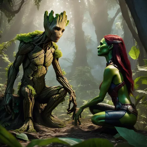 Groot and Gamora collaborating to uncover the truth behind a series of mysterious disappearances in a jungle.,professional,4k,highly detailed,ArtStation,realistic,dramatic lighting,cloudy,